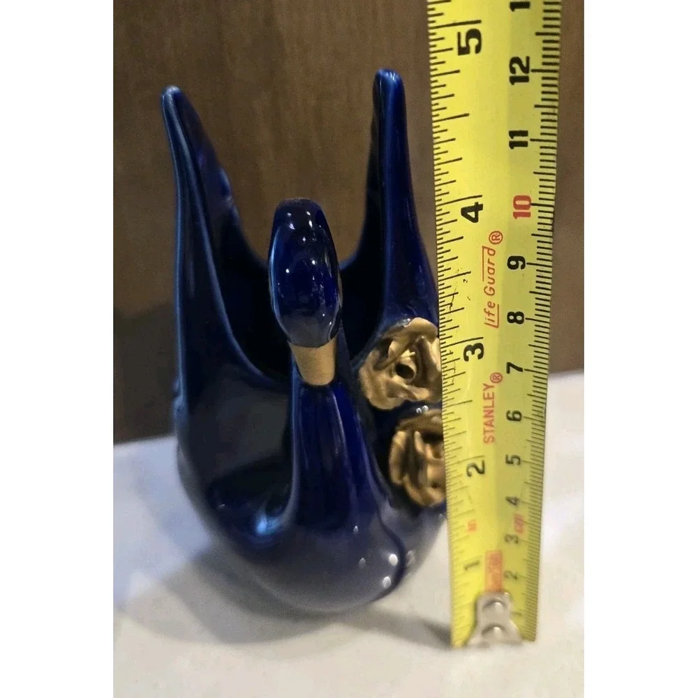 VTG Japan‎ Mini Cobalt Blue Swan Figurine 18K Gold Accent Ceramic Vase Soliflore